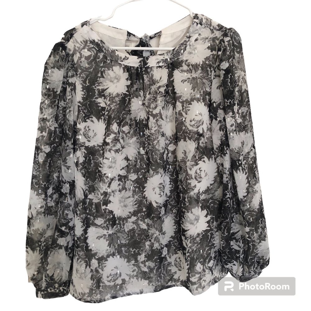 Talbots Women's Blouse, Size M, Black Floral, Metallic
